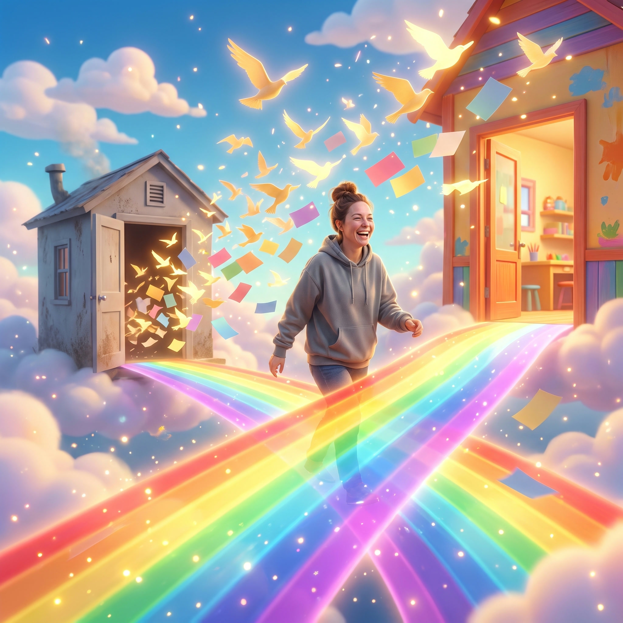 A program owner walking a rainbow bridge while her paper records fly as birds to a bright new studio