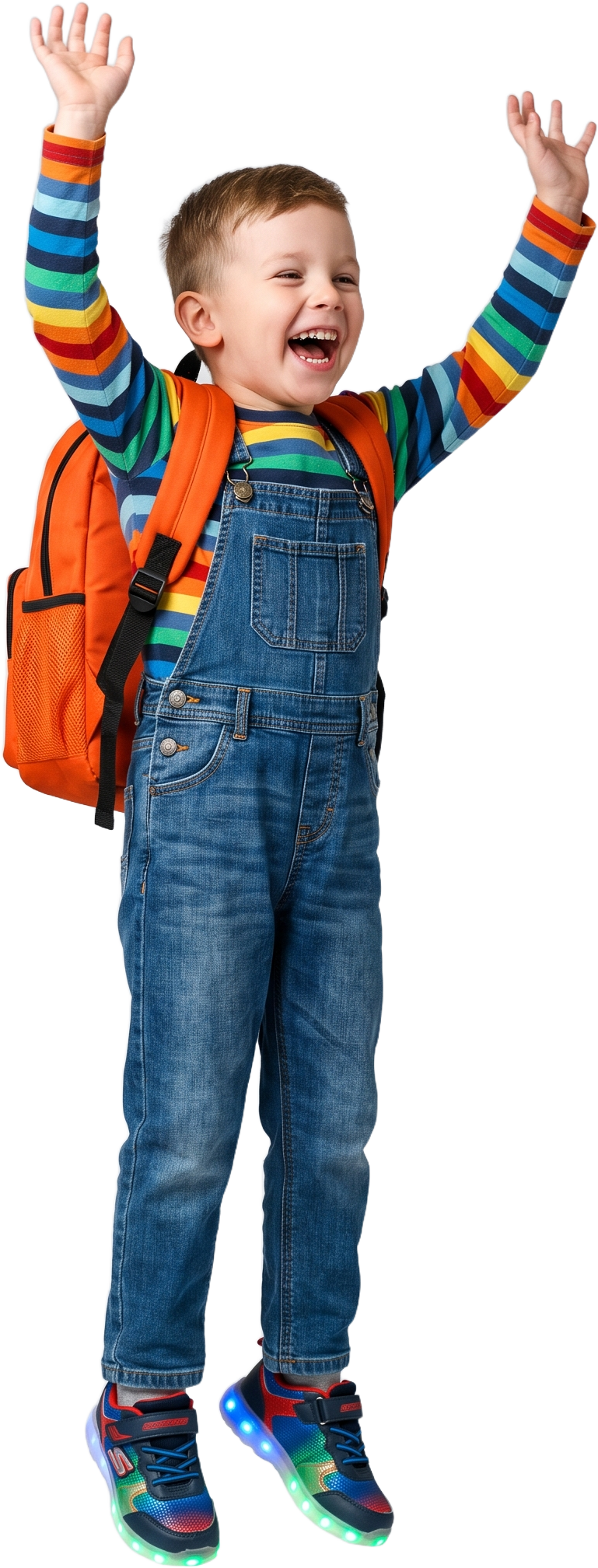 A cheering kid in overalls and a backpack, both arms up