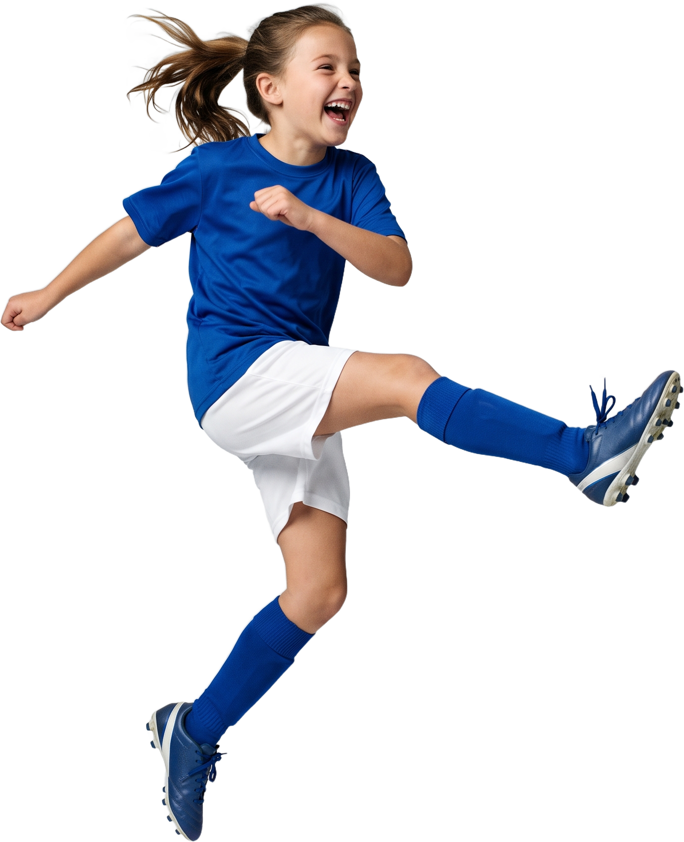A grinning player in a blue kit mid-kick, hair flying