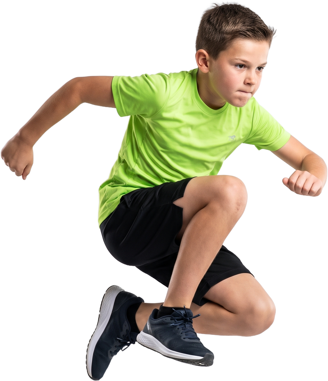 A focused kid in a lime shirt mid box jump